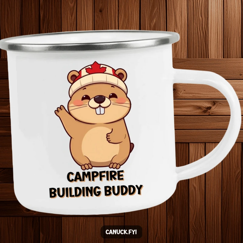 Funny cheerful beaver camping mug, maple leaf beanie, waving enthusiastically, a humorous and durable outdoor mug.