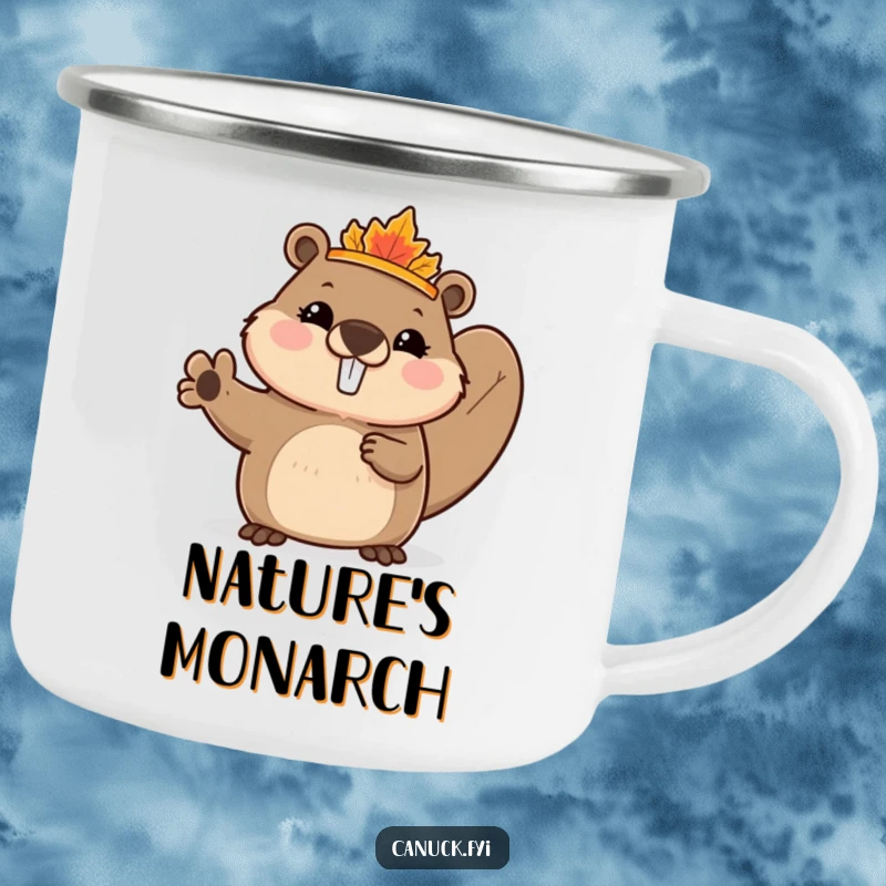 Funny Beaver Camping Mug showing a cute beaver with a tiny maple leaf crown, enthusiastically waving, perfect for outdoor drinks with Canadian flair.