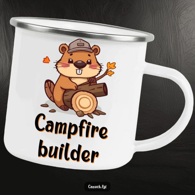 Funny cute beaver camping mug, wearing a lumberjack hat, enthusiastically chopping wood. Durable and humorous mug for outdoorsy types.
