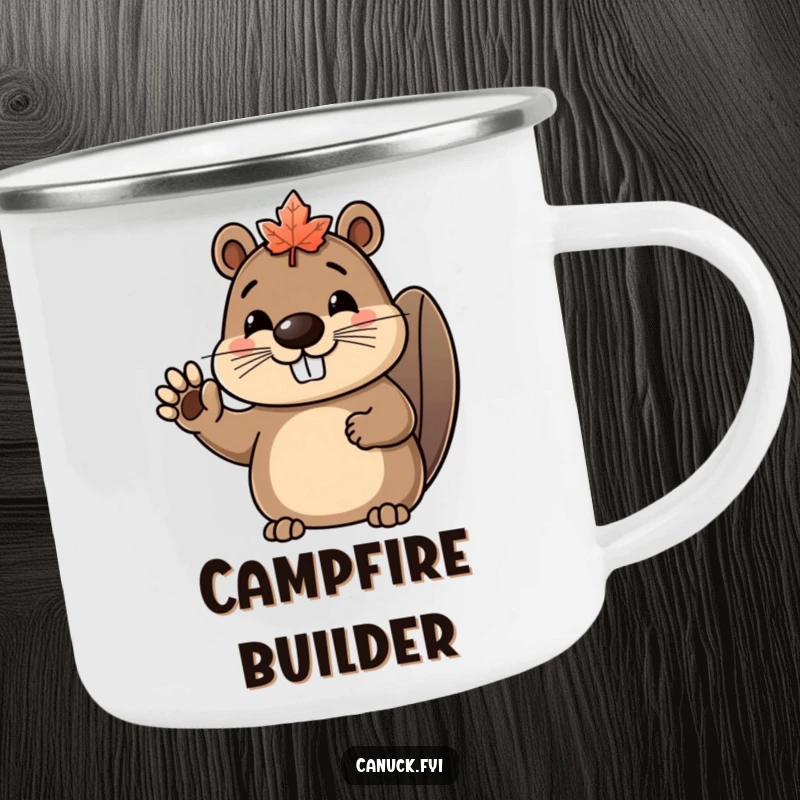 Funny beaver enamel camping mug featuring a happy beaver character in a maple leaf hat, enthusiastically waving.