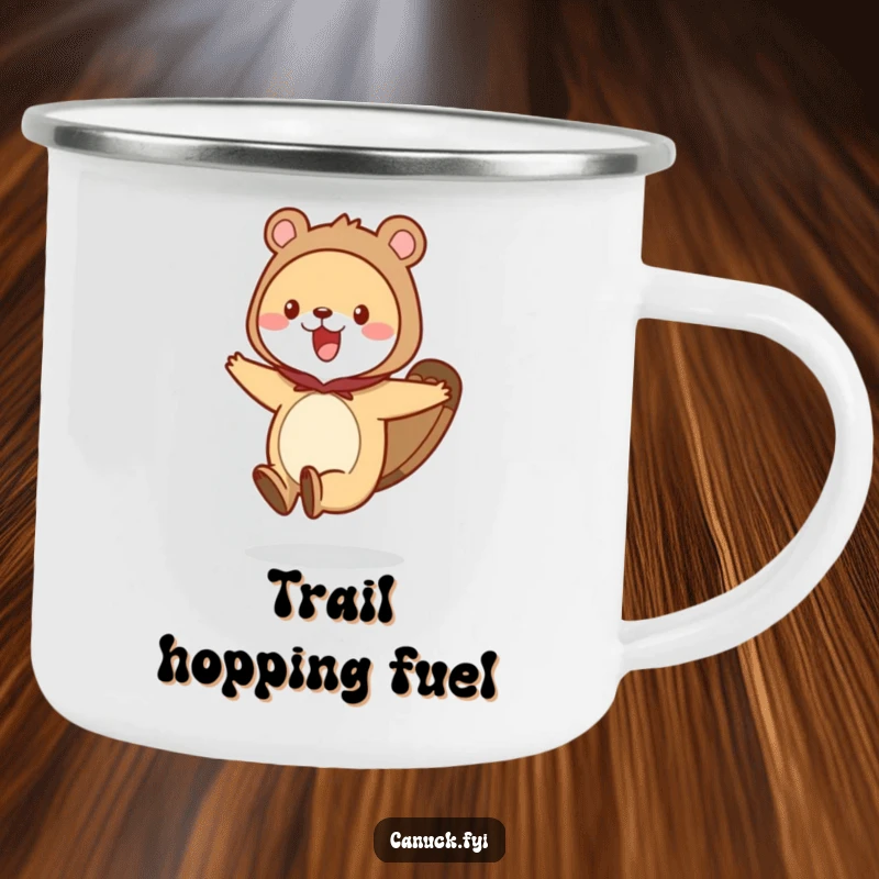 Funny animal camping mug featuring a creature wearing a beaver tail costume, hopping enthusiastically, perfect for outdoor lovers.