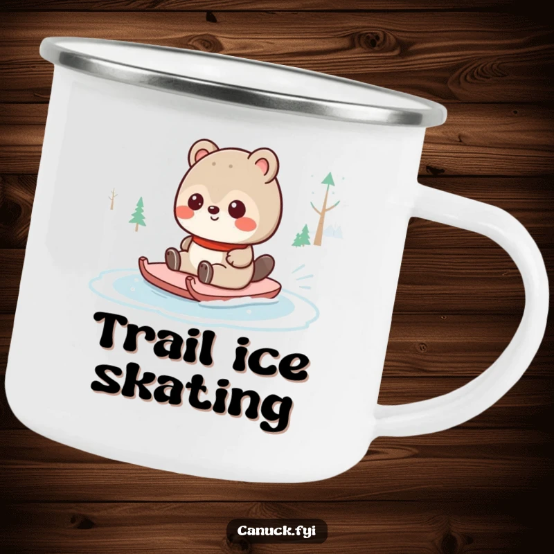 Funny Canadian animal character sliding on a frozen pond, on a durable camping mug, perfect for outdoor adventures and winter fun.