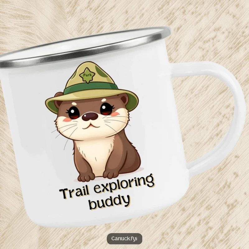 Funny curious otter camping mug, cute otter wearing a tiny park ranger hat, looking inquisitive, outdoor use.