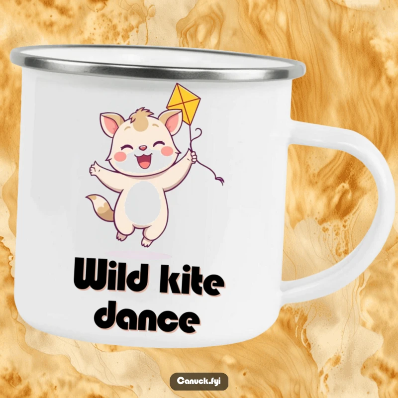 Funny joyful animal camping mug, bright smile, dancing with a colorful kite, outdoor enamel cup.