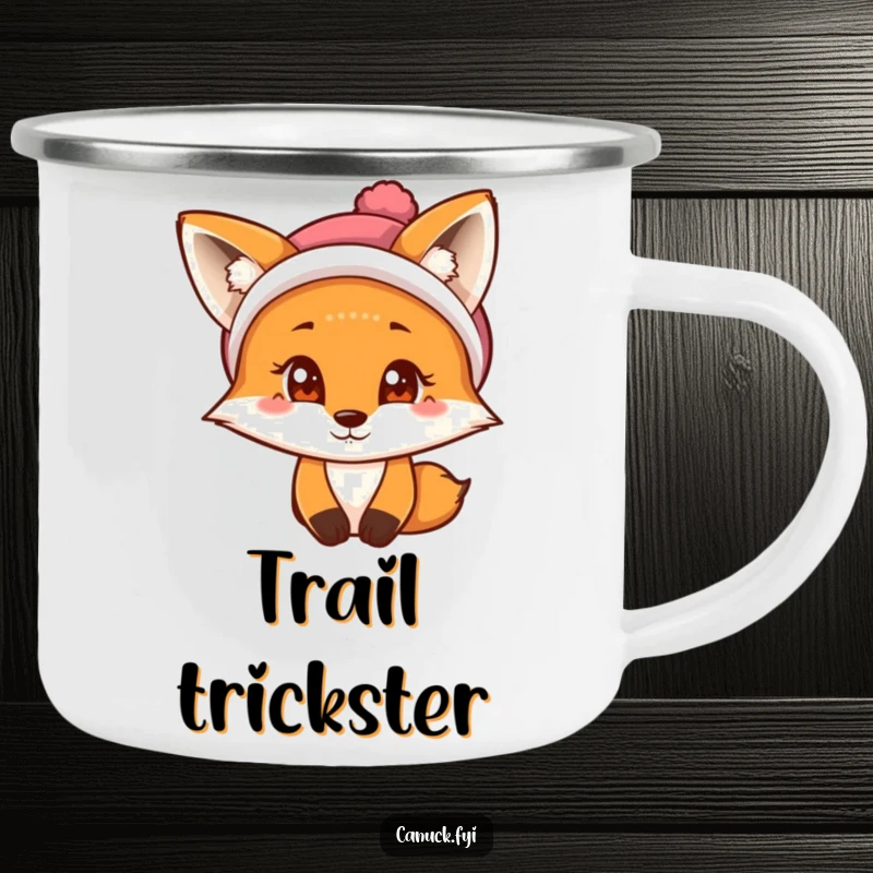 Funny Fox Camping Mug: A curious fox wearing a tuque enjoys a warm drink outdoors.