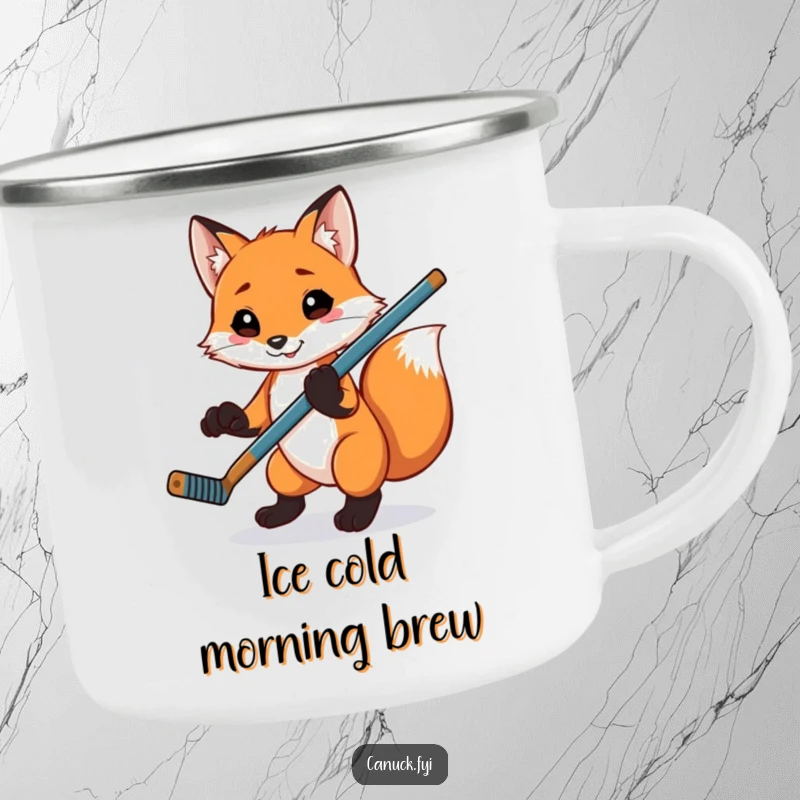 Funny playful fox camping mug, balancing a hockey stick on its paw, a humorous and durable outdoor mug.