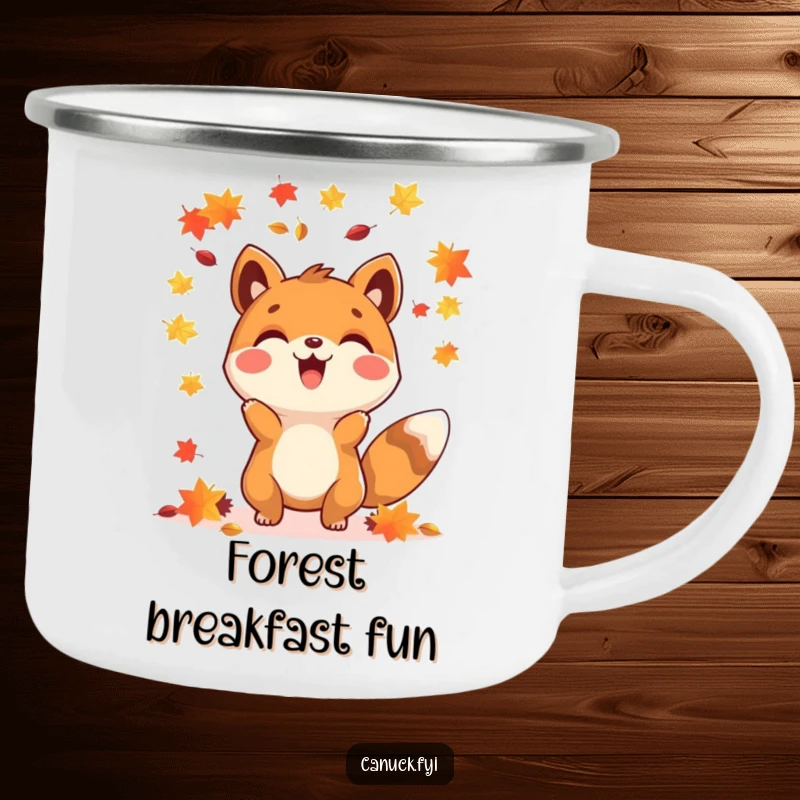 Funny happy animal maple seed camping mug, perfect for enjoying autumn beverages outdoors.