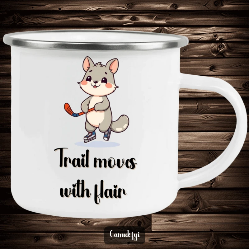 Funny camping mug showing a playful animal character dancing with a miniature hockey stick. Ideal for enjoying drinks outdoors.
