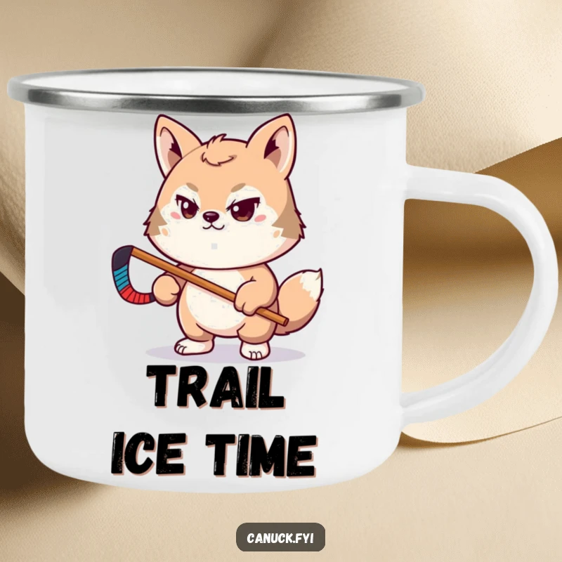 Funny camping mug with determined animal pal holding a tiny hockey stick, for outdoor fun, funny gift.