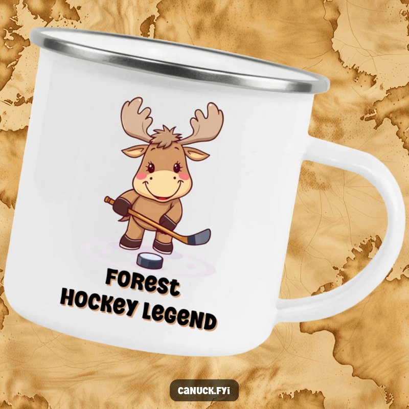 Funny smiling moose camping mug, playing hockey, tapping a puck, ideal for outdoor use, a sporty and humorous gift.