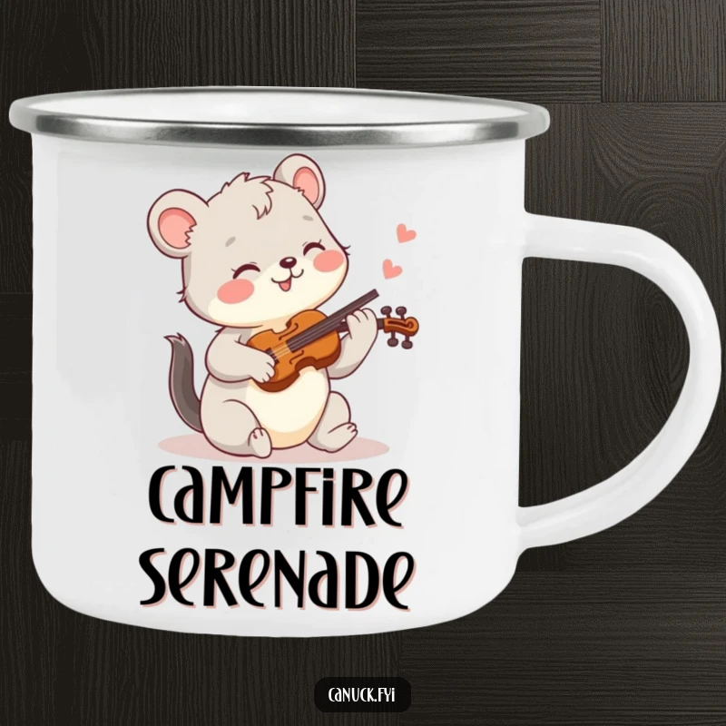 Funny camping mug with a joyful animal playing a tiny fiddle, perfect for outdoor drinks and humorous melodies.