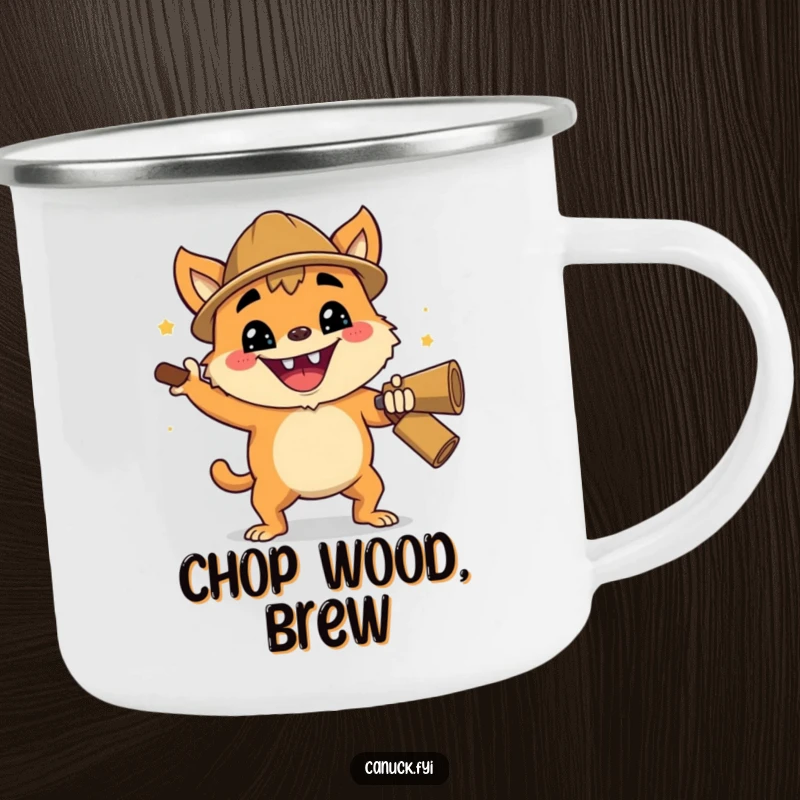 Funny camping mug depicting a creature with an enthusiastic grin performing a cheerful lumberjack chop, ready for outdoor brews.