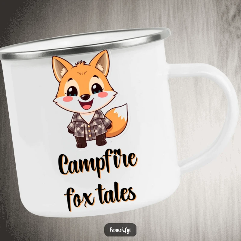Funny lumberjack fox camping mug, playful fox wearing a checkered lumberjack shirt with a wide grin, outdoor use.