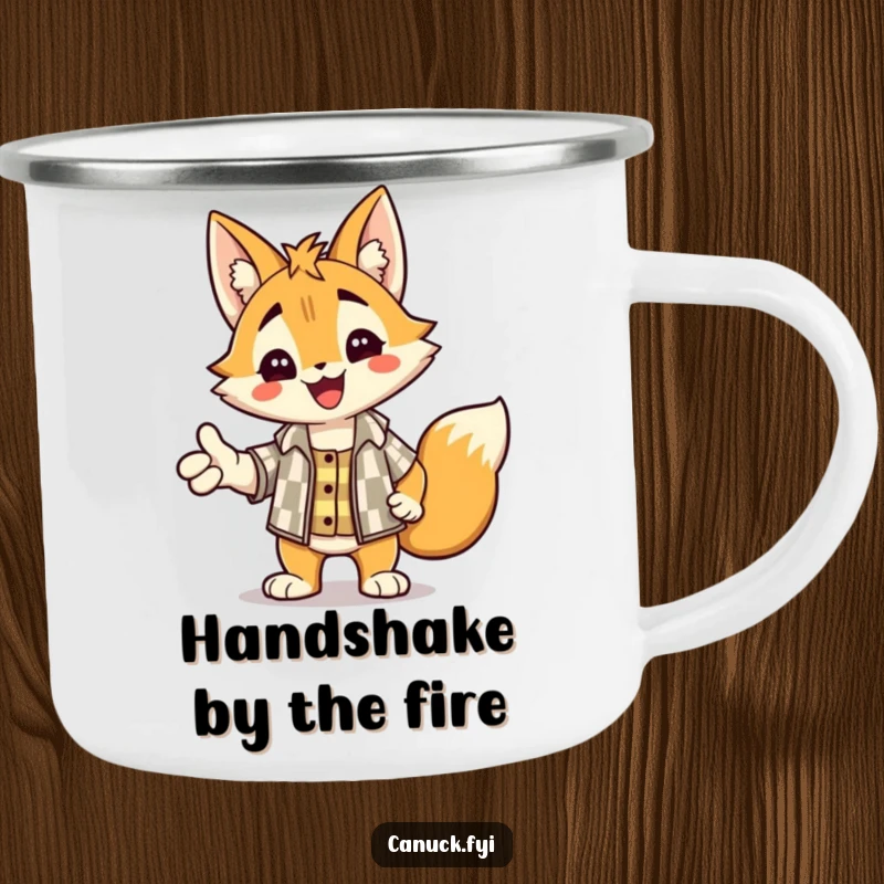 Funny camping mug showing a delighted lynx in a checkered shirt, offering a handshake for outdoor friendliness.