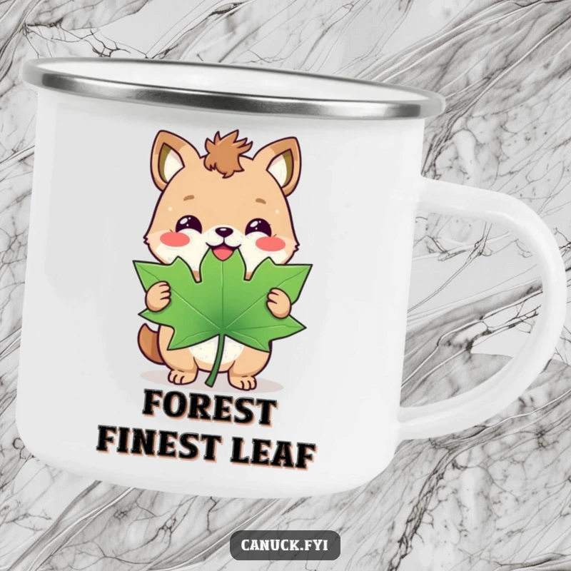 Funny enamel camping mug with a happy animal and a triumphant smirk holding a giant maple leaf, perfect for outdoors.