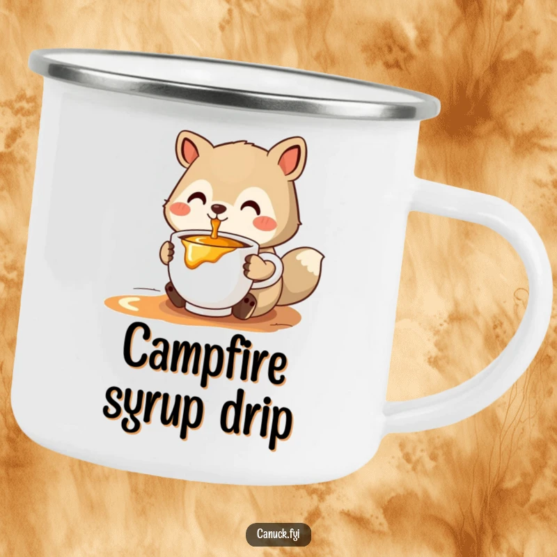 Funny stylized animal camping mug offering a cup of steaming maple syrup, perfect for enjoying sweet moments outdoors.
