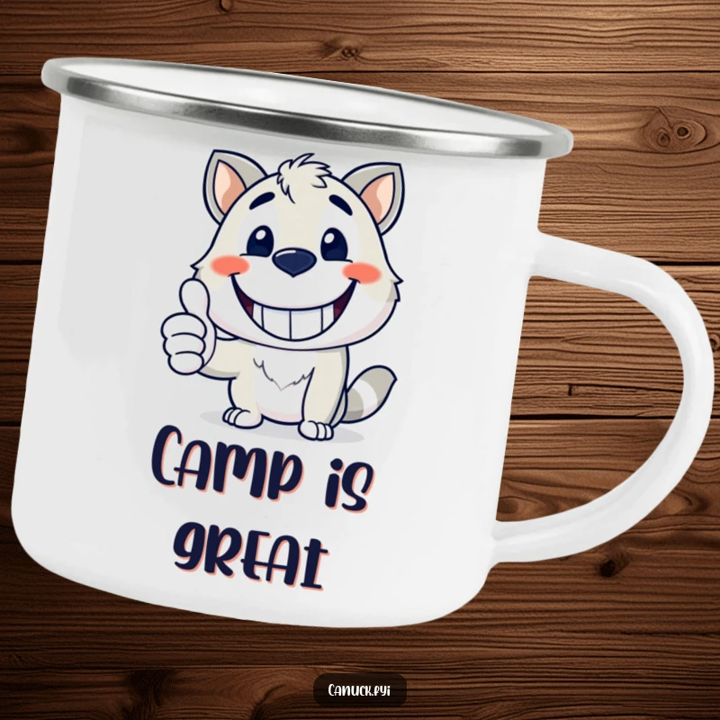 Funny camping mug with a happy animal mascot giving a wide grin and a thumbs up, outdoor funny gift.