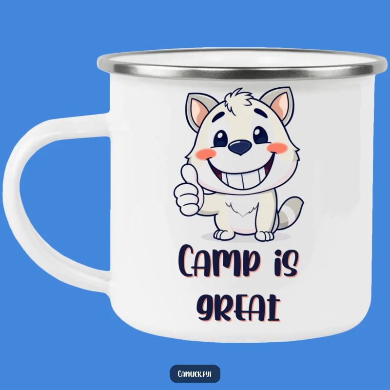 Funny Mascot Camping Mug - Happy Grin Thumbs Up, Adventure Gift