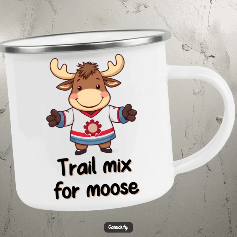 Funny camping mug illustration of a moose comically attempting to wear a hockey jersey, ready for the outdoors.