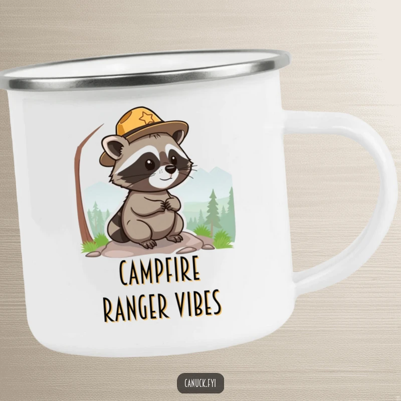Funny park ranger raccoon camping mug, small, round, wearing a hat, surveying a scenic view, durable for adventures.