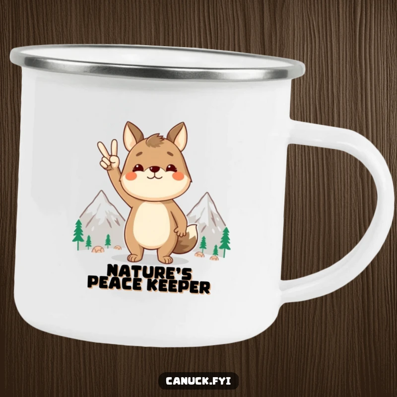 Funny animal camping mug, peace sign gesture, stylized mountains, ideal for outdoor use, a serene and humorous gift.
