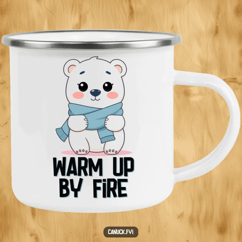 Funny camping mug showing a polar bear with a scarf, offering a hug, perfect for outdoor warmth.