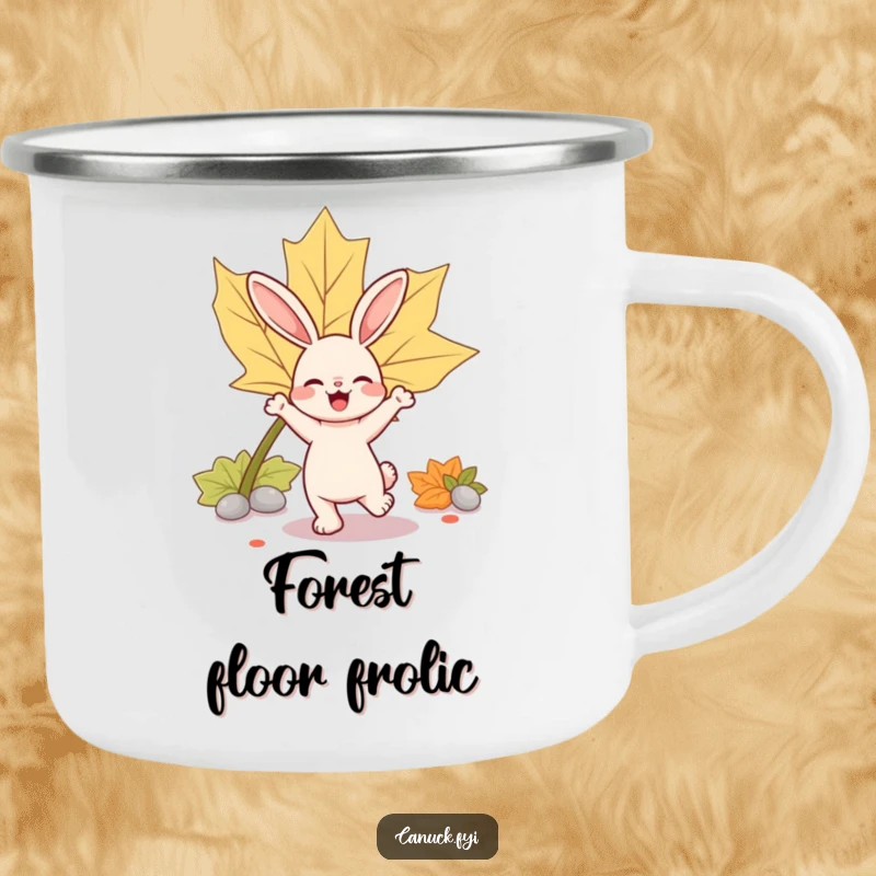 Funny rabbit enamel camping mug featuring a bouncy rabbit character joyfully dancing near a large maple leaf.