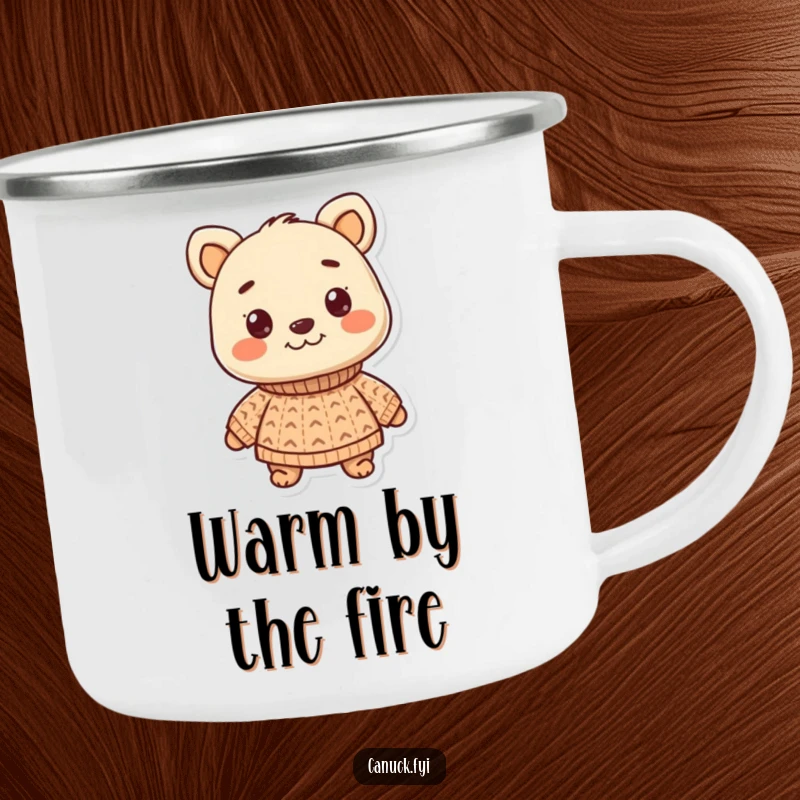 Funny camping mug showing a smiling animal character proudly wearing a small, knitted sweater. Ideal for enjoying drinks in nature.