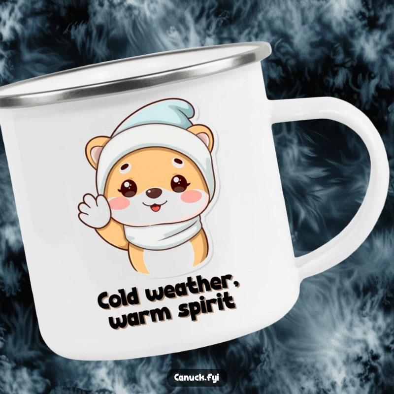 Funny Camping Mug with a cozy winter-hatted animal happily waving, perfect for enjoying beverages outdoors.