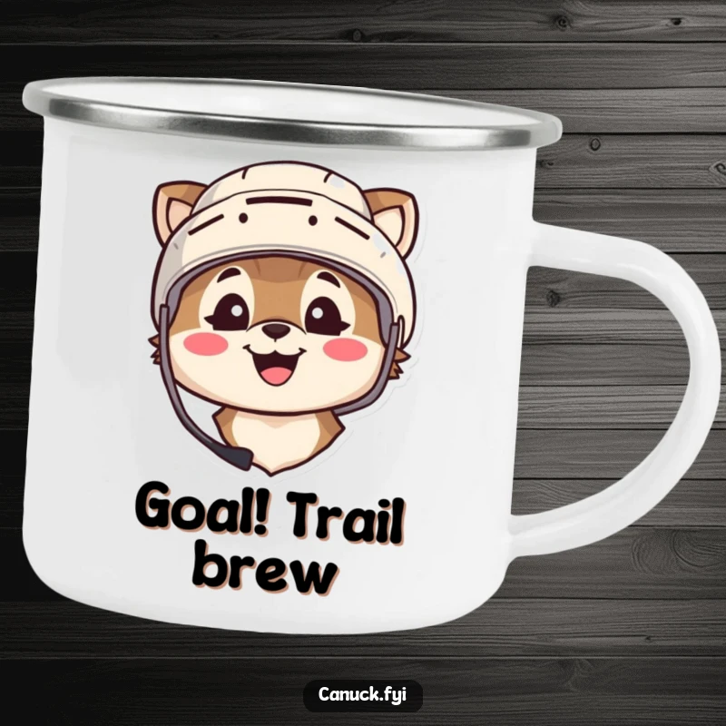 Funny camping mug depicting an animal character wearing a hockey helmet and smiling broadly, perfect for outdoor viewing parties.