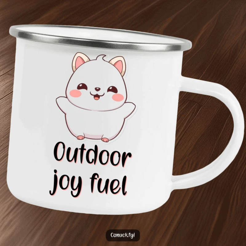 Funny Chubby Cat Camping Mug: A proud, happy chubby feline character beaming with joy, ready for outdoor adventures, funny gift.