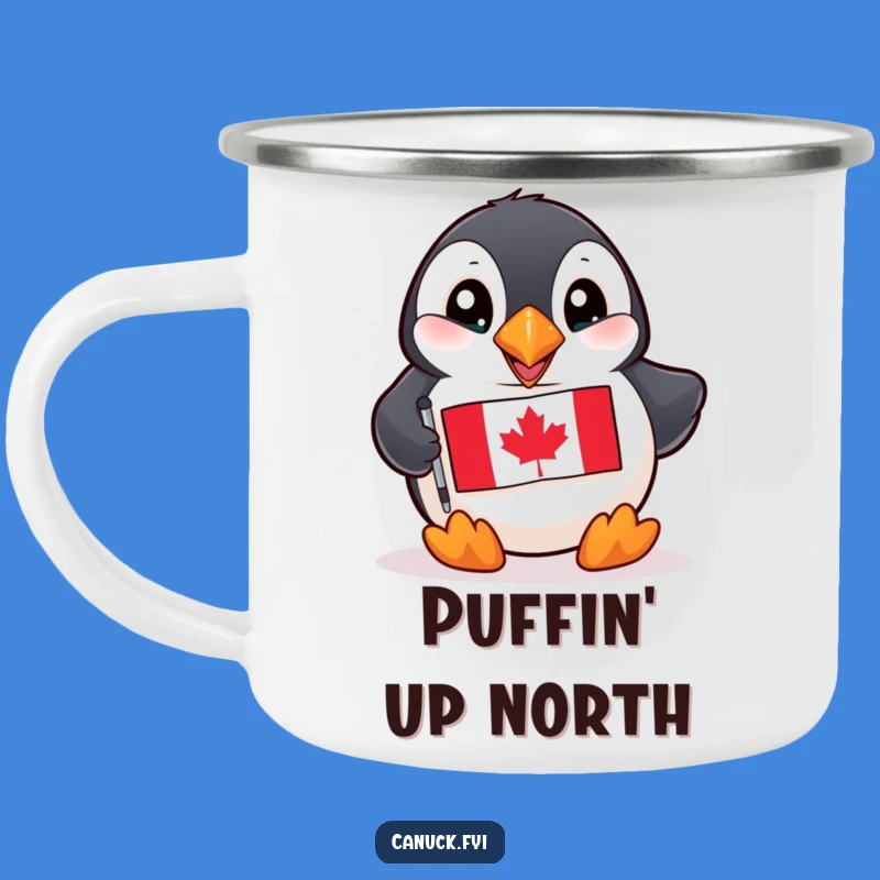 Funny Puffin Camping Mug: Playful Bird with Canadian Flag - Outdoor Gift