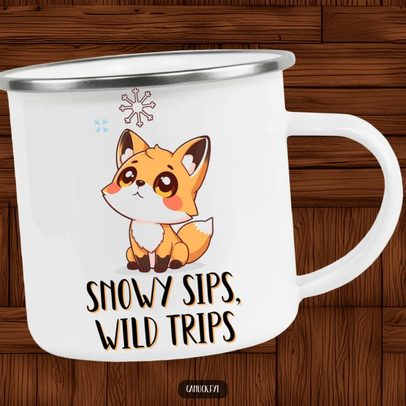 Funny camping mug with a curious fox looking up wide-eyed at a falling snowflake, perfect for outdoor enthusiasts.