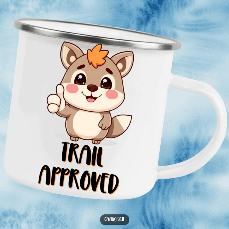 Funny Canadian animal character with a big grin giving a thumbs-up, on a rugged camping mug for cheerful outdoor enjoyment.