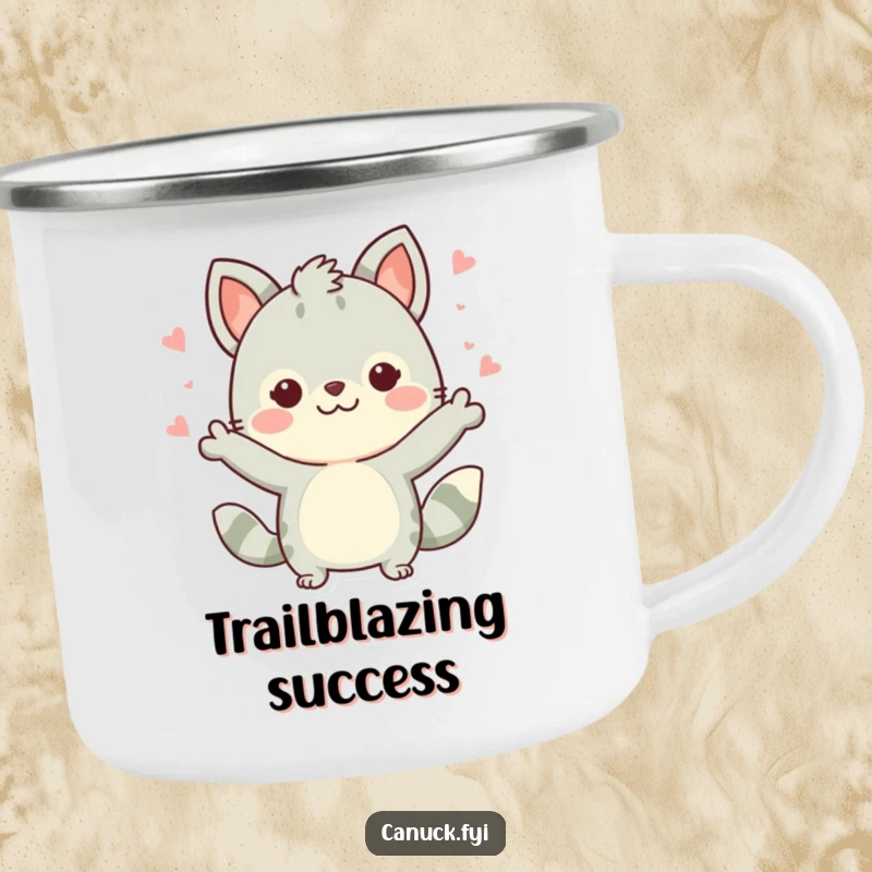 Funny Cute Dog Camping Mug: A cute dog character making a celebratory gesture, perfect for outdoor celebrations, a funny gift.