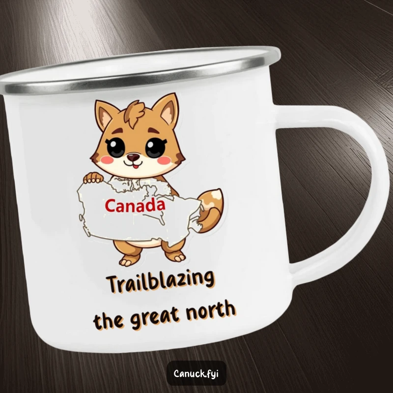 Funny enamel camping mug with a confident animal character holding a map of Canada, celebrating outdoor exploration.
