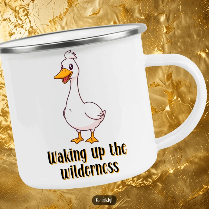 Funny Enamel Camping Mug with a goose standing proudly and honking cheerfully, perfect for outdoor enthusiasts.