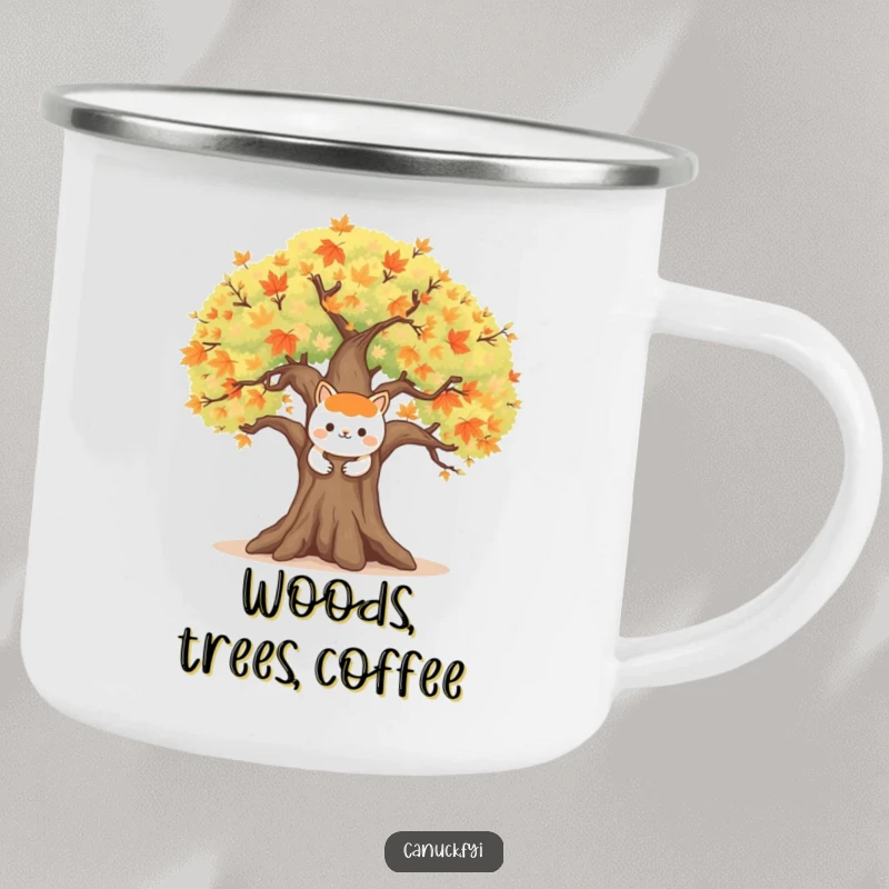 Funny camping mug depicting a happy animal character embracing a large, symbolic maple tree, ideal for outdoor nature escapes.