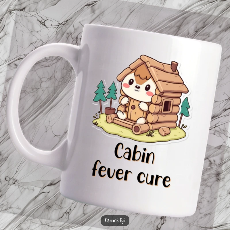 Funny Mug: Stylized animal humorously struggles to build a miniature log cabin, showcasing DIY determination and a comical effort.