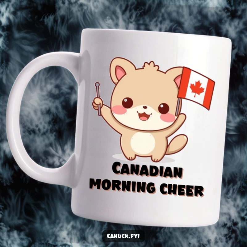 Funny animal mug waving a small flag with a maple leaf design, conveying patriotic joy and humorous national pride, perfect for Canada lovers.