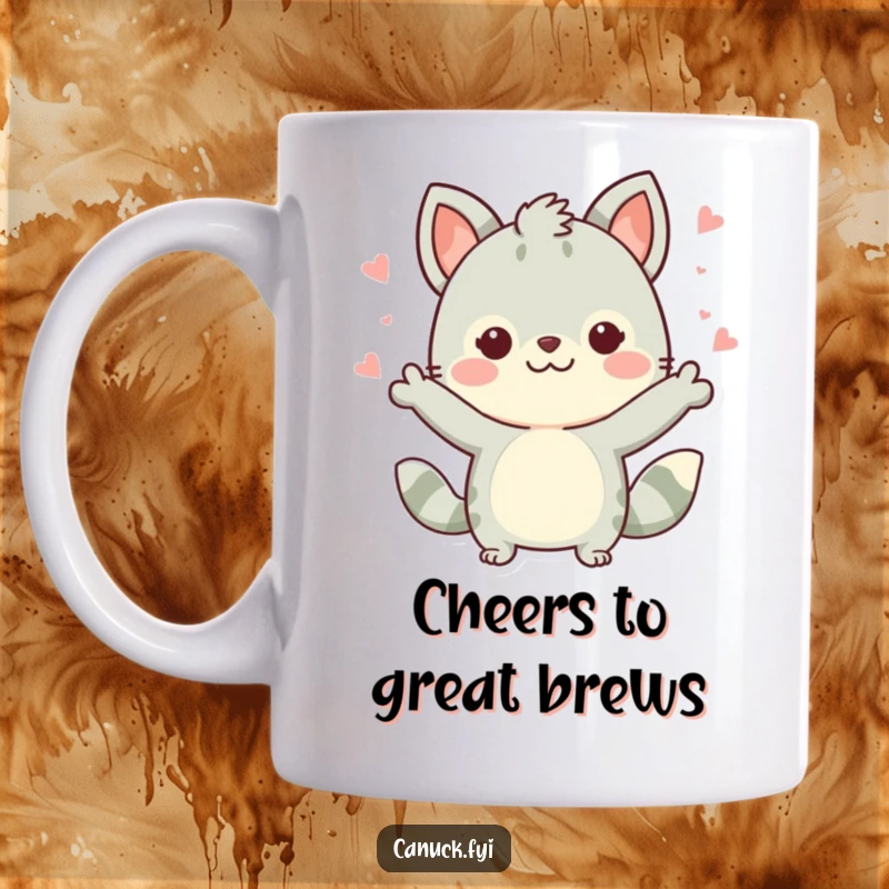 Funny Cute Dog Mug: A happy dog character making a celebratory gesture, perfect for a funny gift and festive occasions.