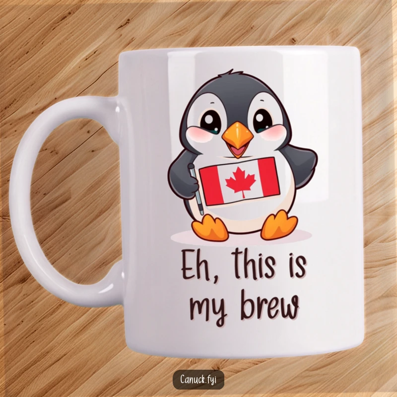 Funny Puffin Mug: A bright-eyed, playful puffin enthusiastically holds a miniature Canadian flag, ready for a laugh.
