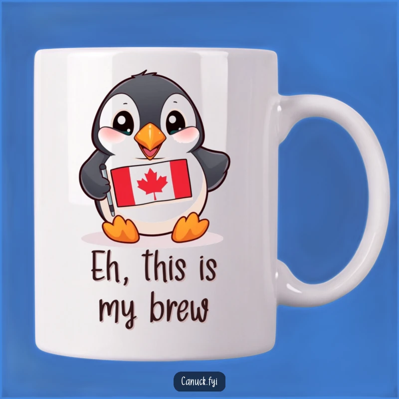 Funny Puffin Canadian Flag Mug: A Playful Bird Holding a Tiny Flag, Perfect Gift
