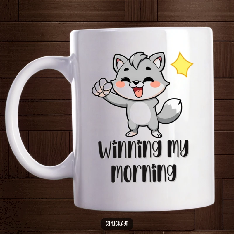 Funny mug featuring an energetic animal character enthusiastically pumping its fist in a gesture of triumph and motivation.