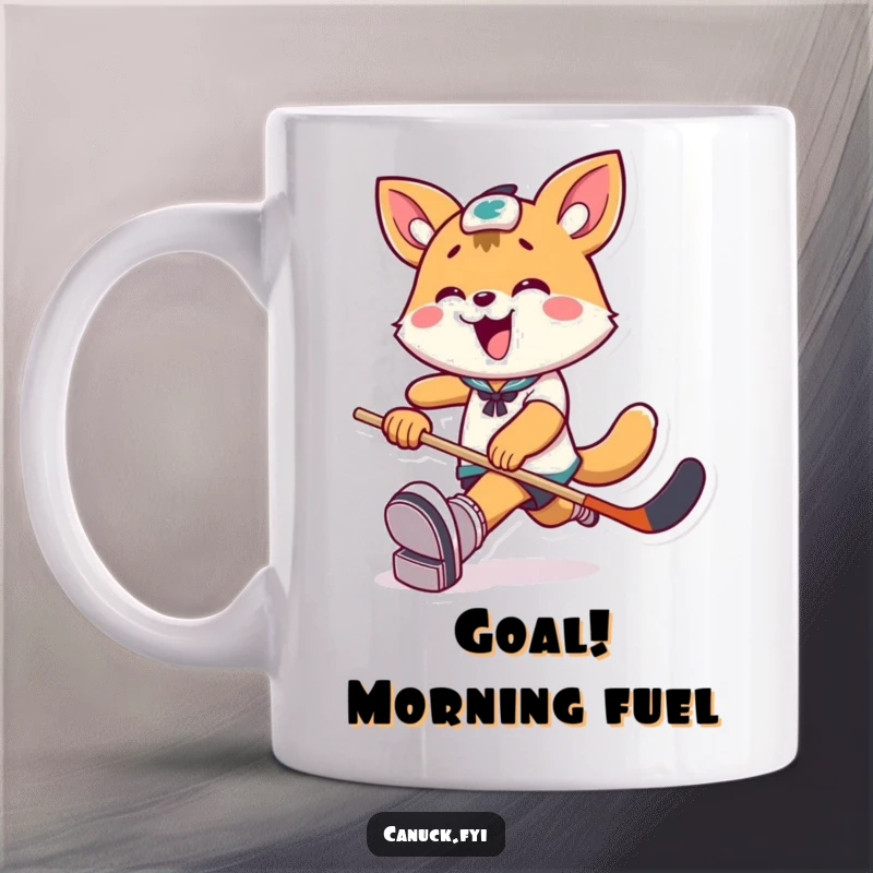 Funny Mug: Playful animal character joyfully kicks a hockey puck with exaggerated excitement and energetic motion.