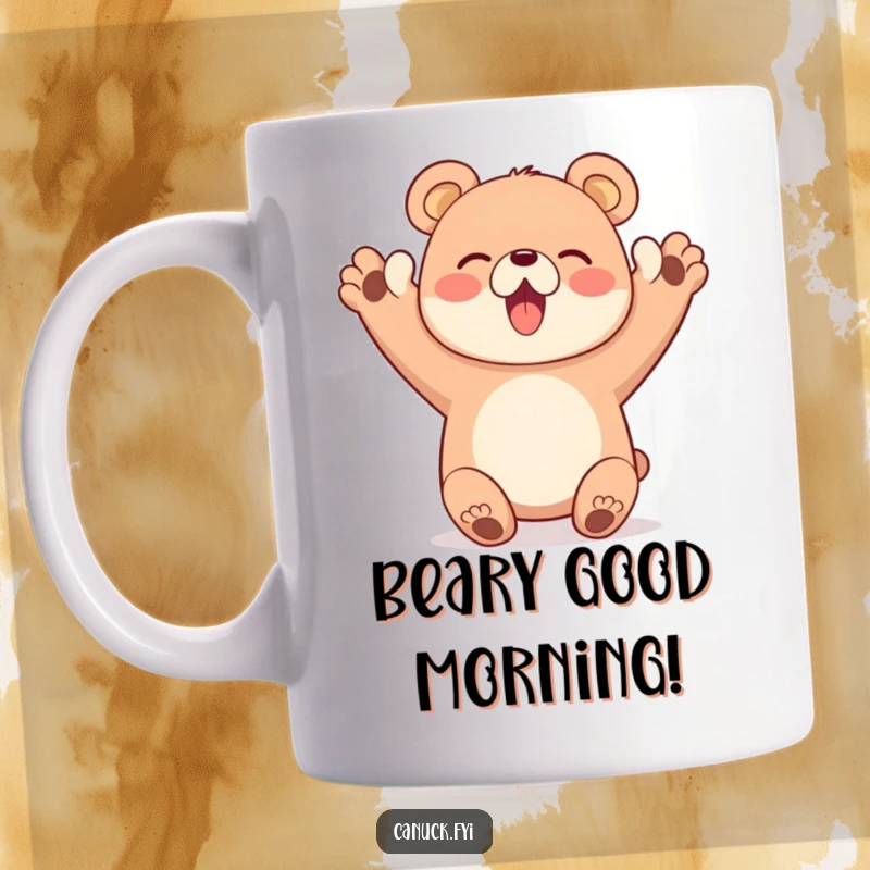 Funny mug with a happy bear character enthusiastically cheering with both paws up, celebratory funny gift.