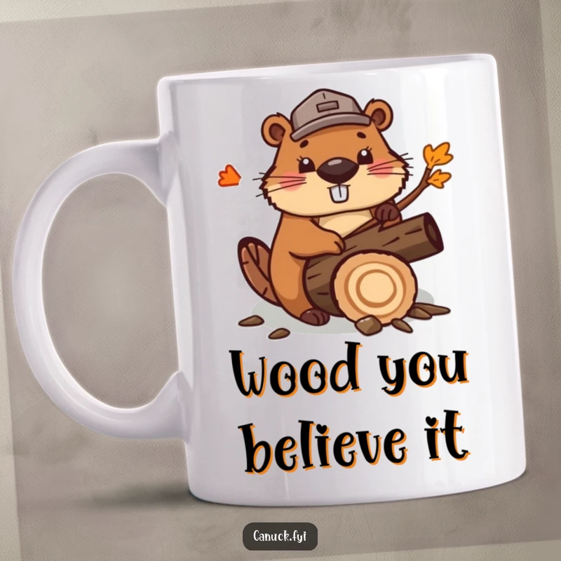 Funny cute beaver mug, wearing a small lumberjack hat, enthusiastically chopping a stylized maple log. Depicts a determined and comical woodland worker.
