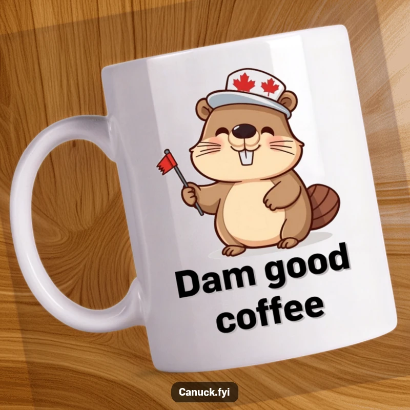 Funny beaver character mug, wearing a tiny maple leaf hat and waving a small flag, symbolizing Canadian pride and cheer.
