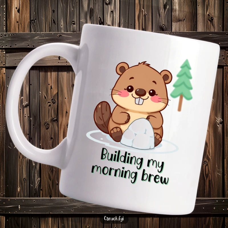 Funny Beaver Mug: A smiling beaver enthusiastically attempts to build a tiny igloo, showcasing its determination and humor.