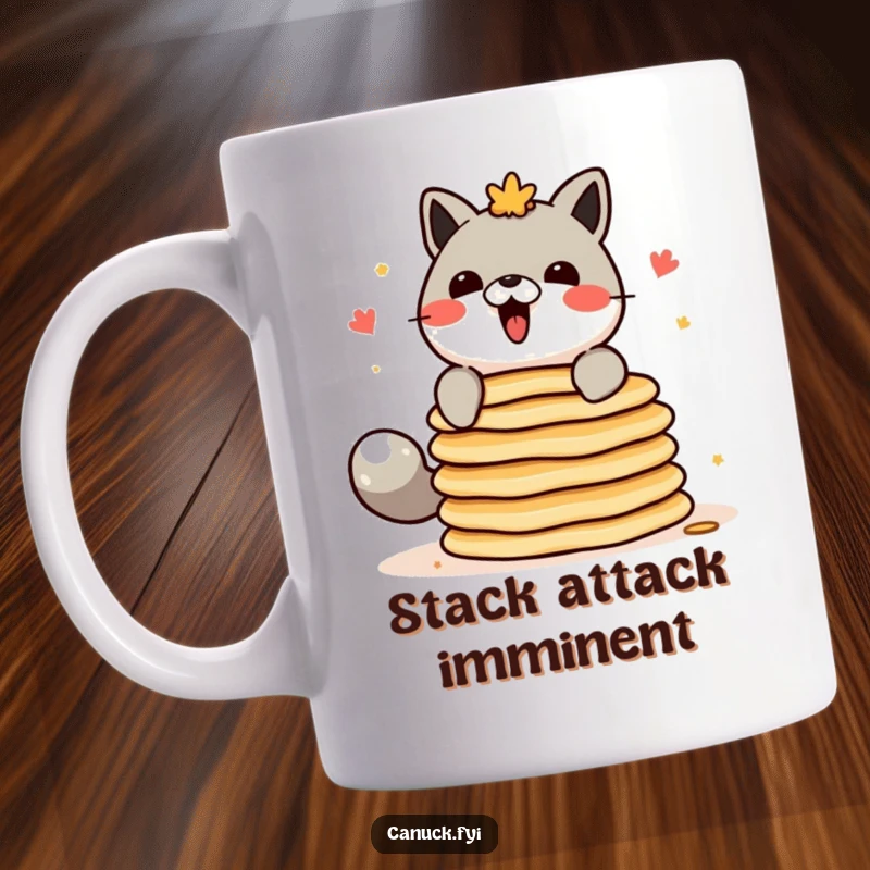 Funny Canadian animal character mug, struggling to balance a tall stack of pancakes.